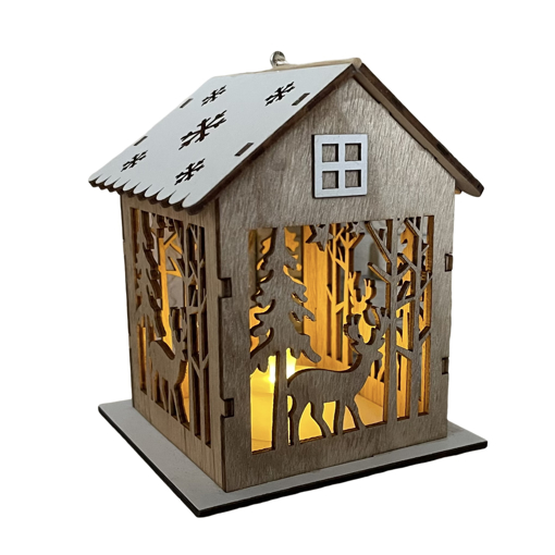 Obrázek z Vánoční dřevěná vyřezávaná LED chaloupka na baterie - jelen 