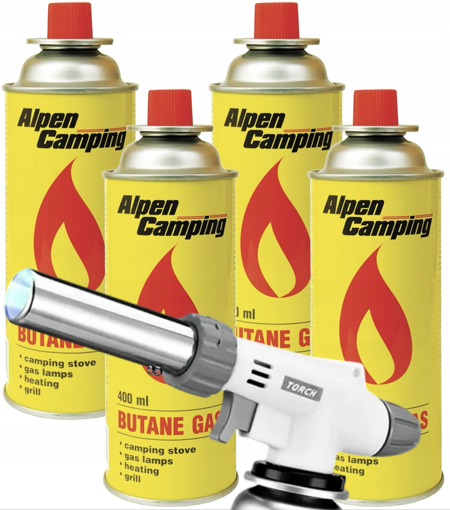 Obrázek z Plynový hořák + náplň kartuše Alpen Camping 4x400ml – spolehlivý plamen na cesty, do dílny i zahradu 