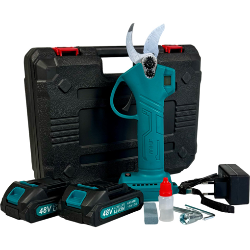 Obrázek z Aku zahradní nůžky Hayami 48V s LCD displejem, 2 baterie s příslušenstvím a kufrem - špičková japonská technologie 