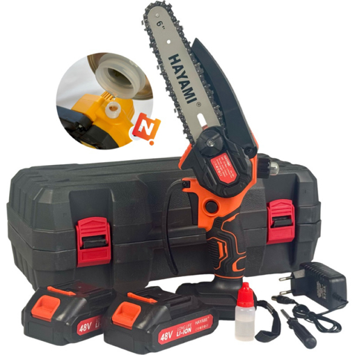 Obrázek z Aku pila Hayami 6" s automatickým mazáním + 2x baterie 48V, řetěz a kufr 