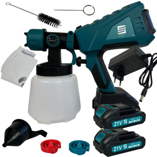 Obrázek z Aku stříkací pistole EUROTBL 21V – dvě baterie, bohaté příslušenství, tři trysky – profi lakování, malování bez námahy 