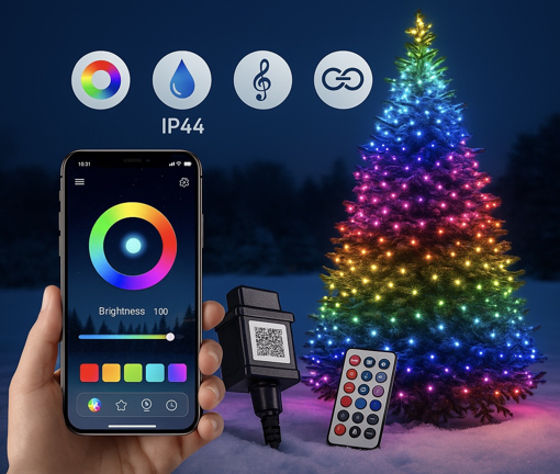 Obrázek z RGB chytrý vánoční řetěz 13 m /100 LED, IP44, propojovací – dálkové ovládání, časovač, paměť a ovládání mobilní aplikací Surplife 