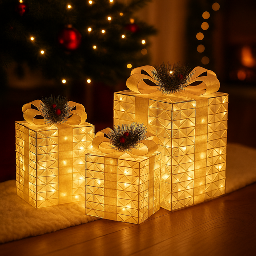 Obrázek z Venkovní LED holografické svítící dárky - sada 3 ks XL/L/M, 120 LED, IP44 - vánoční dekorace pod stromeček 