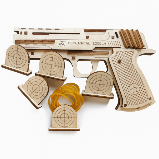Obrázek z 3D dřevěné mechanické puzzle - pistole Wolf Hunter s terči 