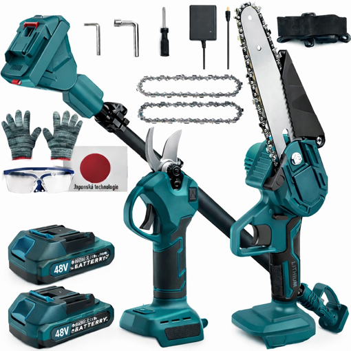 Obrázek z AKU pila na větve, aku nůžky na větve a teleskopická tyč 3v1 až 4 m – aku pilka, teleskopická pila, prořezávač větví + 2x baterie 