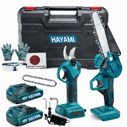 Obrázek z Aku set Hayami 2v1 pila s automatickým mazáním + aku nůžky s LCD displeyem + 2 baterie 48V + kufřík + 2x řetěz + brýle + rukavice + nabíječka a příslušenství 