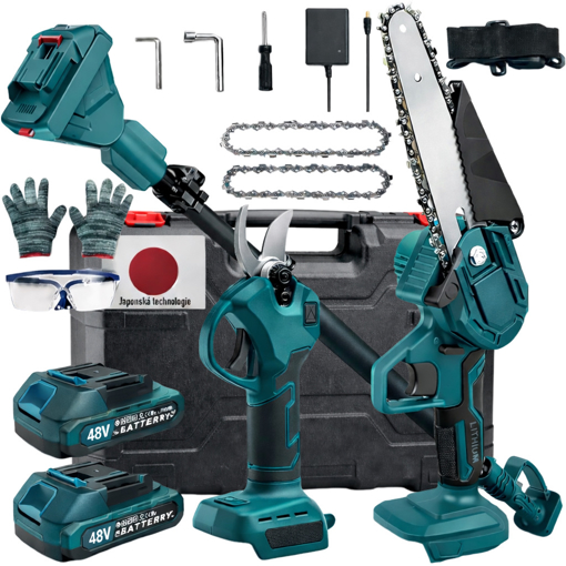 Obrázek z AKU sada 3v1 – zahradní nůžky, pila s automatickým mazáním, teleskopická tyč a kufr + 2x baterie 48V, náhradní řetězy, čepele, brýle, rukavice a příslušenství 