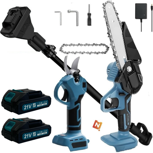 Obrázek z AKU sada 3v1 – teleskopická pila i nůžky + 2x baterie 21V + řetěz a příslušenství 