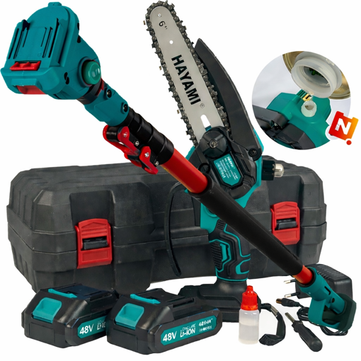Obrázek z Aku sada Hayami 2v1 pila s automatickým mazáním, kufrem a teleskopickou tyčí - výkonná a lehká s 2x 48V bateriemi pro snadné prořezávání stromů 