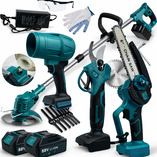 Obrázek z AKU sada 4v1 – křovinořez, zahradní nůžky, pila s automatickým mazáním a fukar + 2x baterie, nabíječka, 9x čepele, rukavice, brýle a příslušenství 