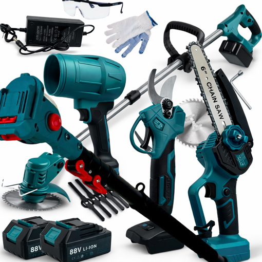 Obrázek z AKU sada 5v1 – teleskopická tyč, křovinořez, zahradní nůžky, pila s automatickým mazáním a fukar + 2x baterie, nabíječka, 9x čepele, rukavice, brýle a příslušenství 