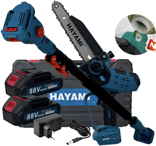 Obrázek z Aku teleskopická pila 8” s displejem na větve s automatickým mazáním - výkonná a lehká s 2x 88V bateriemi, kufrem a nabíječkou pro snadné prořezávání stromů 