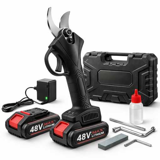 Obrázek z AKU zahradní nůžky + 2 baterie 48V + nabíječka + kufr + čepele a příslušenství 
