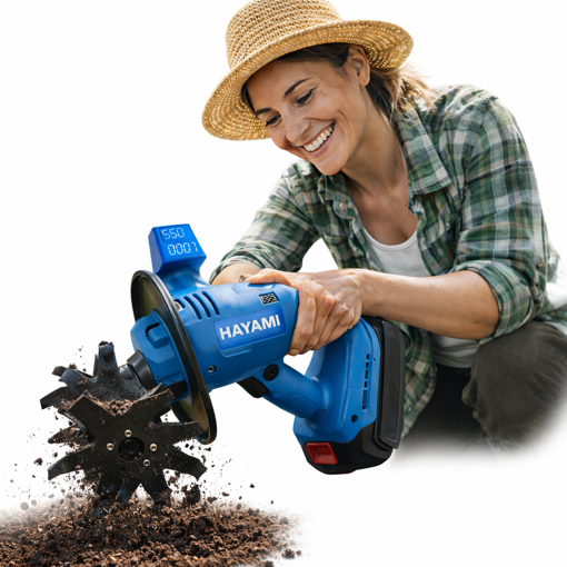 Obrázek z Ruční AKU kultivátor / okopávačka na pletí a kypření HAYAMI s digitálním displejem + 2 baterie + příslušenství 