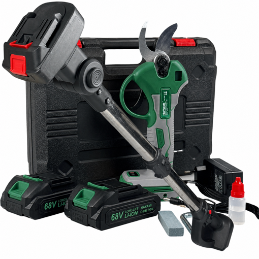 Obrázek z Aku sada 2v1 zahradní nůžky Hayami 68V s LCD displejem a 32 mm střih + teleskopická tyč, 2 baterie s příslušenstvím a kufrem - špičková japonská technologie 