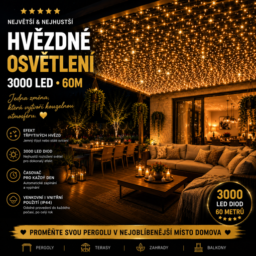 Obrázek z LED světelný řetěz 60 m – hvězdné osvětlení pergoly a zahrady | 3000 LED s třpytem hvězd | časovač 