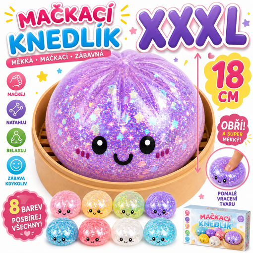 Obrázek z XXXL Mystery Glitter Squishy Dumpling 18 cm – gigantický antistresový mačkací knedlík 