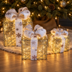 Obrázek z Venkovní svítící vánoční LED dárky „Sněhový sen“ – sada 3 ks XL/L/M za jednu cenu, 120 LED, největší 25 cm, teplá bílá, IP44 – dekorace pod stromeček 