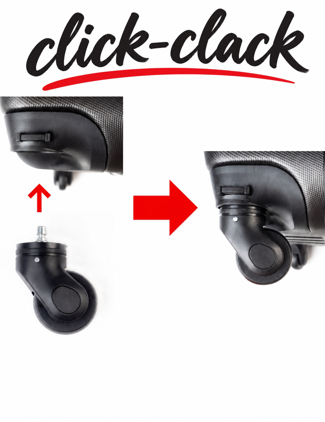 Click-clack – ukázka zacvaknutí náhradního kolečka do kufru