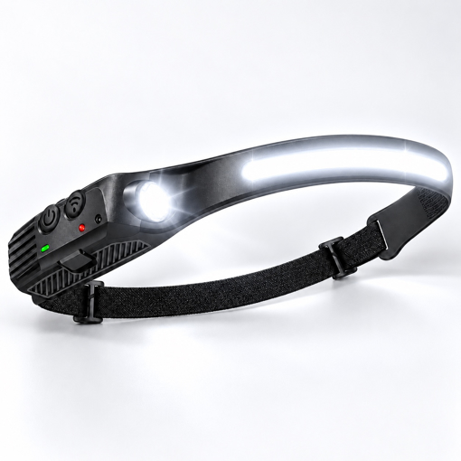 Rozsvícená čelovka s COB LED páskem a boční XPE LED