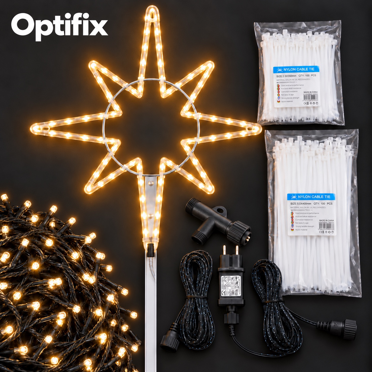 Teplá bílá hvězda a LED řetěz OptiFIX s držákem, kabely, rozbočovačem, transformátorem a stahovacími páskami
